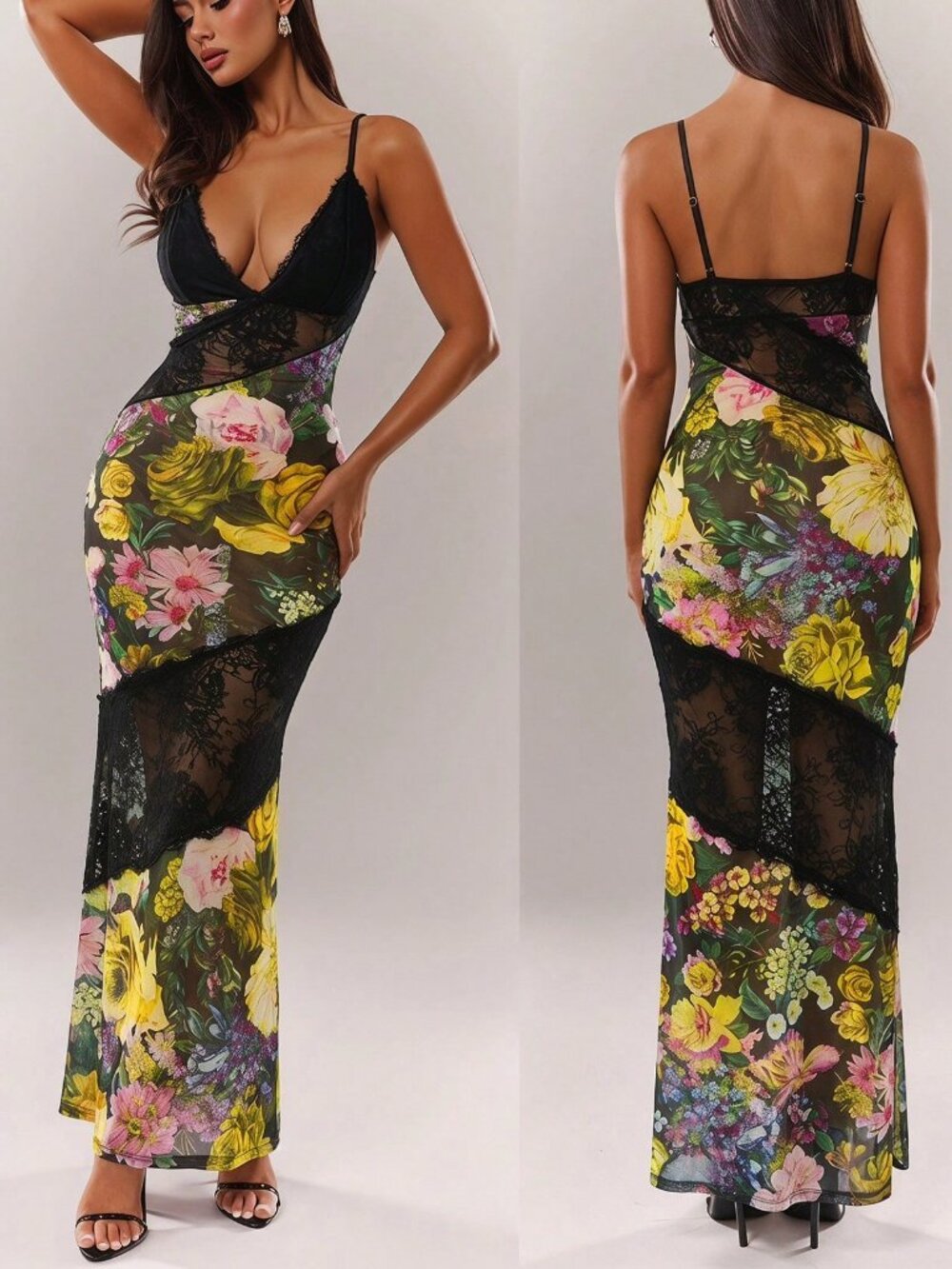 Elegant Women's floral Lace Mesh Bodycon maxi Dress - Picture 6 of 7